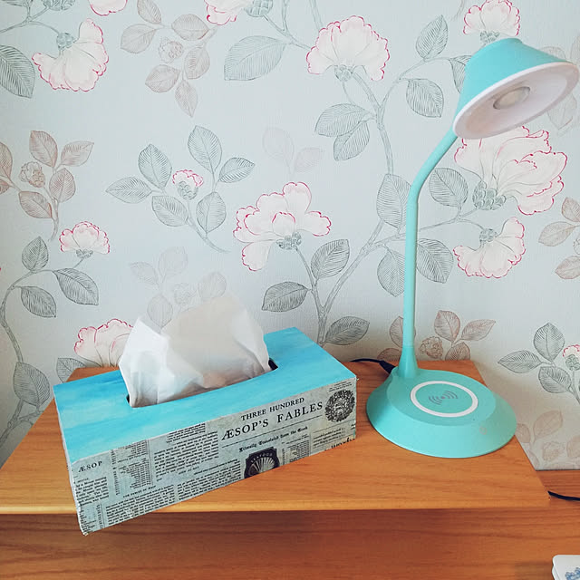 My Shelf,わたしのDIY&リメイクアイデア,DIY,リノベ,ハンドメイド,アクセントクロス,ティッシュケースリメイク,ワークコーナー,デスクライト,水色,セリア,キャンドゥ,マステ,アンティーク,シャビーシック,花柄が好き minmi-の部屋