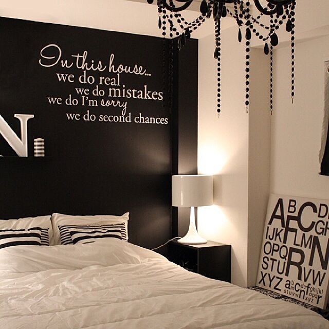 Bedroom,モノトーン,白黒,雑貨,IKEA,フランフラン 照明,モノトーンの部屋,ウォールスッテカー,DIY MONO96_naoの部屋