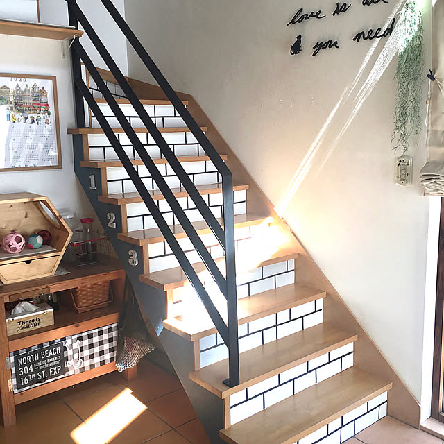 猫のいる家,フェイクグリーン,リビング階段,おうち時間,ダイソーフェイクタイル,DIY,アイアン手摺,フェイクエアープランツ,Lounge hanahanaの部屋