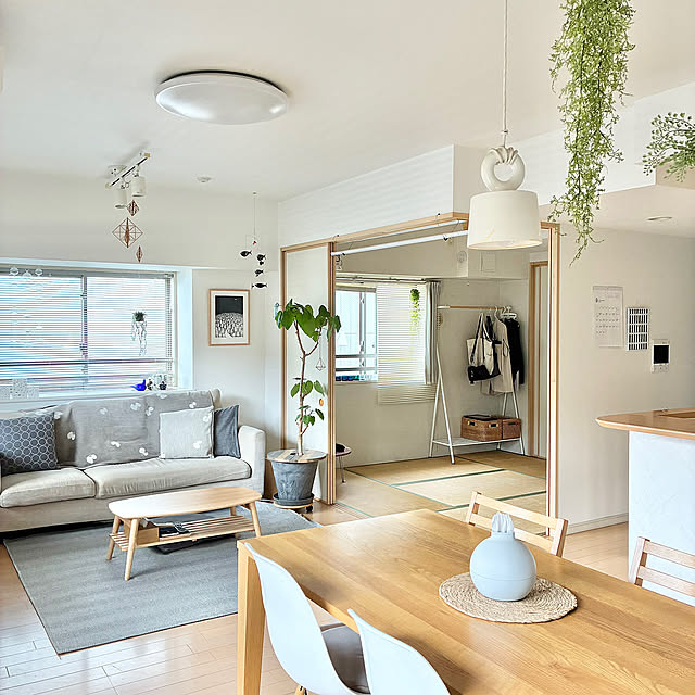 Overview,和室,リビングダイニング,リビング,ダイニングテーブル,一番好きな場所,北欧,北欧インテリア,フェイクフラワー,ソファ周り,マンション暮らし,観葉植物,ウンベラータ,グリーン krkrの部屋