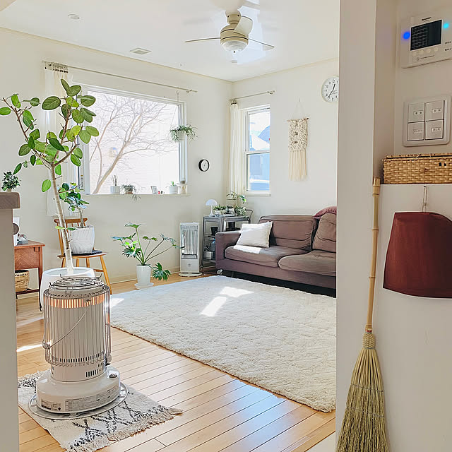 石油ストーブ,ソファ,ラグ,観葉植物,窓,クッカバラ,ベンガレンシス,いつもありがとうございます(ᵔᴥᵔ),Bedroom,はりみちりとり,箒,ナチュラルほうき,象印加湿器 mogの部屋