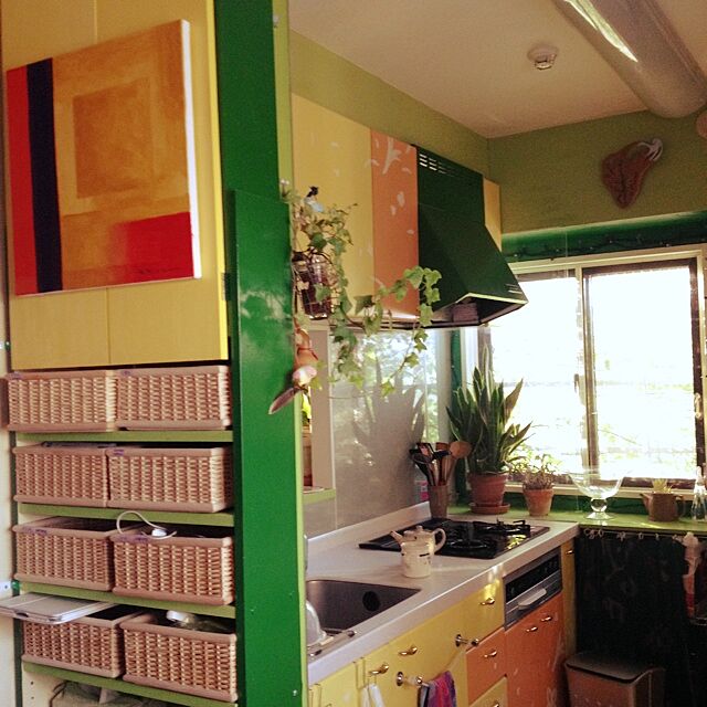 Kitchen,ペンキ,DIY,カラフル,アート,ビタミンカラー,植木鉢,無印良品のかご kimishigureの部屋