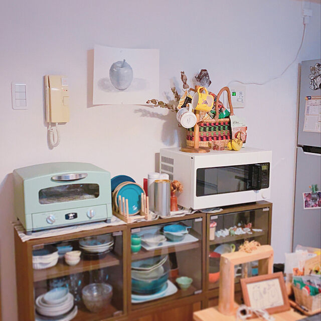 Kitchen,アラジントースター,無印良品,ディスプレイ,花,ドライフラワー,食器,食器棚,ACTUS,かご wayukiの部屋