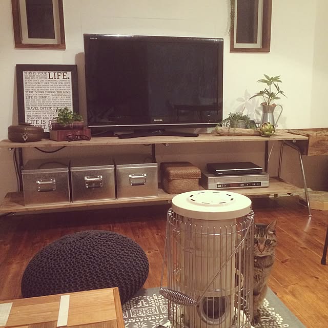 Lounge,シャンブル,プフ,LIFEポスター,アラジンストーブ,トタンボックス,フェイクグリーン,WOODPRO,in→go_slow_and_smile,IKEA,古材,DIY,テレビ台,足場板,男前,カフェ風,インダストリアル,ねこ,ねこのいる風景,無印良品,ねこのいる日常,100均,流木,いざなうるす屋さん,収納 go_slow_and_smileの部屋
