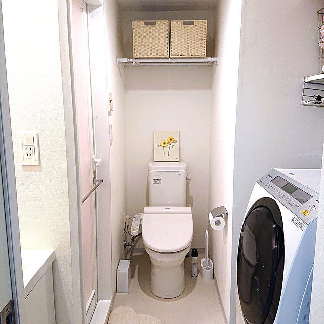 Bathroom,つっぱり棒,シンプル,一人暮らし,収納アイデア,ホワイト,花のある暮らし,1K,お手洗い,6畳1K,ナチュラル,収納,洗濯機,RoomClipはじめました,1K 1人暮らし BloomRoomの部屋