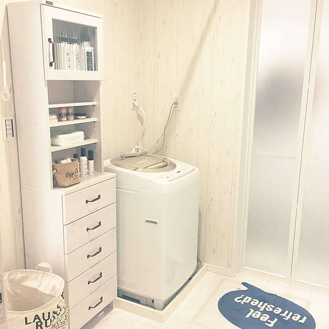 Bathroom,スリーコインズ,フランフラン,シャビーシック,サニタリーチェスト,サニタリールーム,脱衣所,新築戸建,西海岸風,ハワイアンインテリア,カリフォルニアインテリア,100均,ダイソー momota-0216の部屋