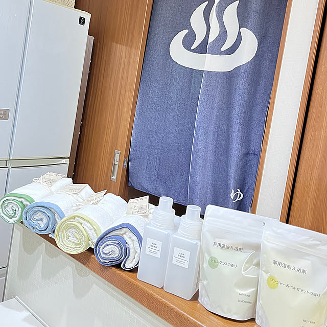 Bathroom,温泉のれん,温泉気分,無印良品の入浴剤,無印良品のタオル,夏の模様替え ikの部屋