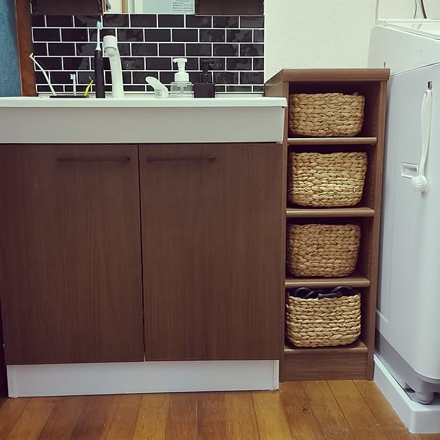 Bathroom,かご収納,洗面台,洗面台周り,洗面台DIY,洗面台タイル,ニトリ,ニトリのカラーボックス,無印良品,無印良品かご,タイルシール amutantanの部屋