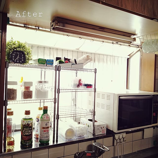 Kitchen,ナチュラル,ダイソー,100均,DIY,シンプル,狭い家,旧家,古い家を少しでも暮らしやすくするDIY,フェイクグリーン,キッチン道具,ジョイントラック Umaの部屋