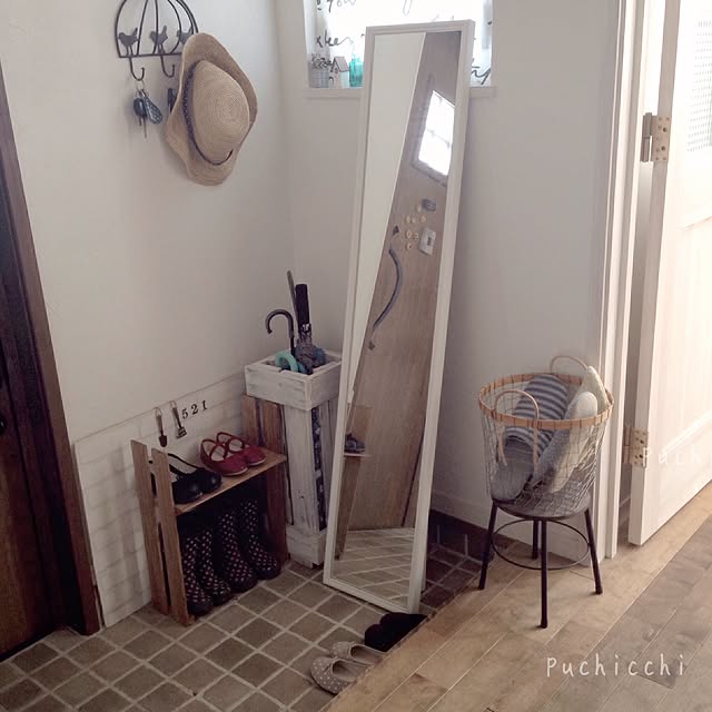 Entrance,ミニ靴棚DIY,傘立てDIY,IKEA鏡,ミニスツール,ニトリ puchicchiの部屋