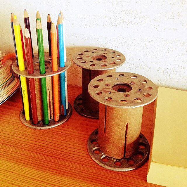 昭和レトロ,アンティーク,色鉛筆,鉛筆立て,スプール,糸巻,My Shelf akiの部屋