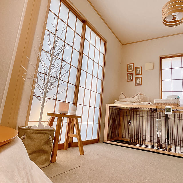 犬のいる暮らし,ペットカメラ,ゲージ,サイドテーブル,建売住宅,無印良品ベンチ,モダンデコ,アロマディフューザーランプ,モダンデコの加湿器,AND・DECO,無印良品,アロマディフューザー,ブランチツリー,Overview,ナチュラルインテリア,加湿器,dailyroomclip/mag-rino rinoの部屋