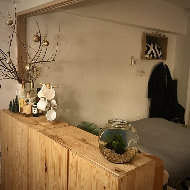 キャビネット,ベッド,模様替え,賃貸,漆喰壁,築50年,１K,IKEA,一人暮らし,Bedroom,メダカ鉢,マグカップツリー,ウイスキーの瓶,はみ出したコート Ruriの部屋