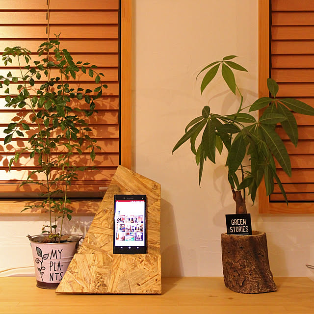 My Shelf,DIY,スマホスタンド,スマホスタンドdiy,ナチュラル,造作カウンター,観葉植物,OSB合板,osb,ダイニング,セリア,パキラ,シマトネリコ,SONY,スマホ,ウッドブラインド,ワトコオイル,ワトコオイル ミディアムウォルナット,端材,端材でDIY,xperia,イベント参加,イベントから活路を見出だしたいシリーズ tentpegの部屋