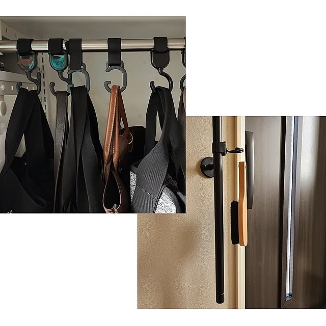 My Shelf,100均アイテム,トートバック収納,100均,100均収納,ベビーカーフック,マジックテープで留めてます,洋服ブラシ,玄関手摺,ベビー用品,ぶら下げ収納,カバン収納,カバン掛ける収納 75の部屋
