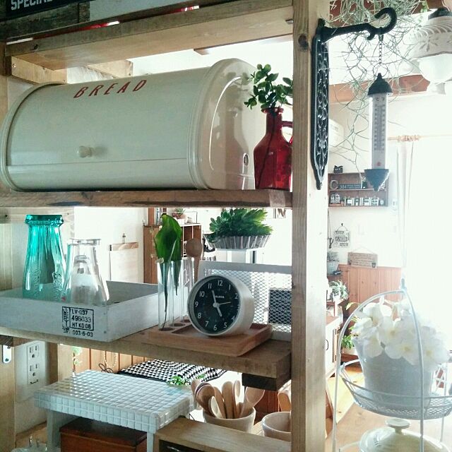 Kitchen,時計,100均,DIY,instagram→akkiii46,いいね、フォロー本当に感謝です♡,温度計,スパニッシュモス akkiiiの部屋
