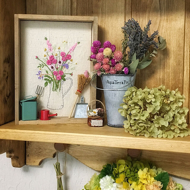 My Shelf,miiさんの作品,ドライフラワー,アナベルドライ,刺繍,セリア,ハンドメイド,ナチュラル,自然を感じる,花のある暮らし,ガーデニング,育てた花 Michiの部屋