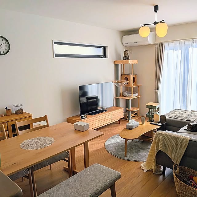 LDK,戸建て,猫,キャットタワー,リビングダイニング,ナチュラルインテリア,I型LDK,縦長LDK,カウチソファ,円形ラグ,猫のいる暮らし,木製家具,テレビボード,ダイニングテーブル,ナチュラル,ニトリ,IKEA,北欧,ベルメゾン,ダイニング,Overview himatomugiの部屋