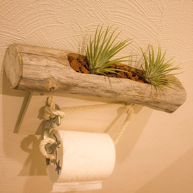 Bathroom,西海岸スタイル,ハンドメイド,DIY,西海岸,流木,ウッドチップ,トイレットペーパー,S字フック,ナチュラル,ハンコ,観葉植物 Annaの部屋