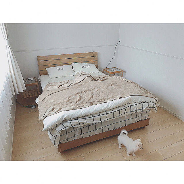 Bedroom,#新築,いぬのいる暮らし,#2人暮らし,#2ldk,いぬ,白インテリア,シンプルインテリア,ニトリ,6畳,サイドテーブル,IKEA naaatyanの部屋