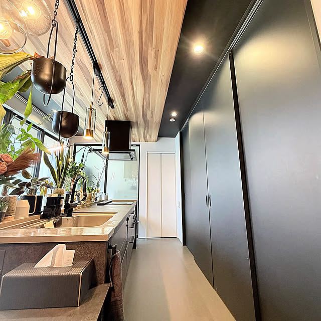 Kitchen,モルタライク,ノッポ,ミラタップ,観葉植物,照明,木目,木目調,ブラック,木のある暮らし,観葉植物のある暮らし,ダイニング,ダイニングテーブル,キッチン,ペンダントライト,キッチンカウンター,ダイニングテーブル&チェア,下がり天井,木目調壁紙,木目調クロス,ブラックインテリア,下がり天井 アクセントクロス,食器棚,収納 della_homeの部屋