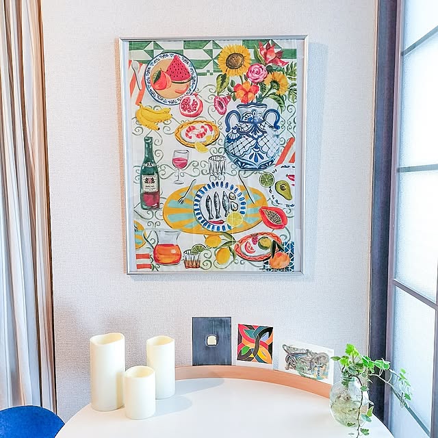 Kitchen,ダイニングテーブル,ダイニング,一人暮らし 賃貸,一人暮らし 1K,一人暮らしインテリア,7畳 1k,一人暮らし,ホワイトインテリア,植物のある部屋,植物が好き,植物,ティータオル,ティータオルディスプレイ,ポストカード,ポストカードディスプレイ,ポストカードフレーム,キャンドルライト,アート,アートのある暮らし,アートのある部屋,アートポスター koricoの部屋