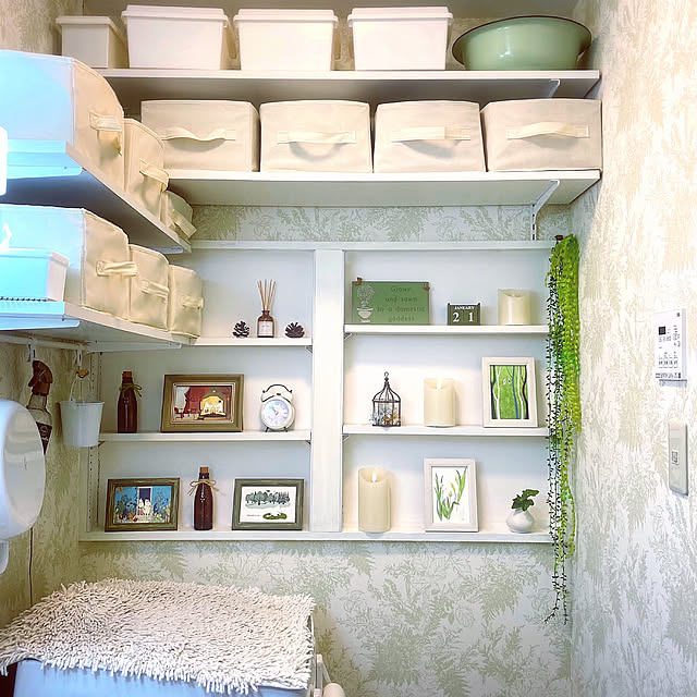 Bathroom,壁紙,ホーロー洗面器,洗面脱衣所の棚,洗面脱衣所,収納棚,収納スペース,ディスプレイ,フェイクグリーン,昭和の家,築40年 mommyの部屋