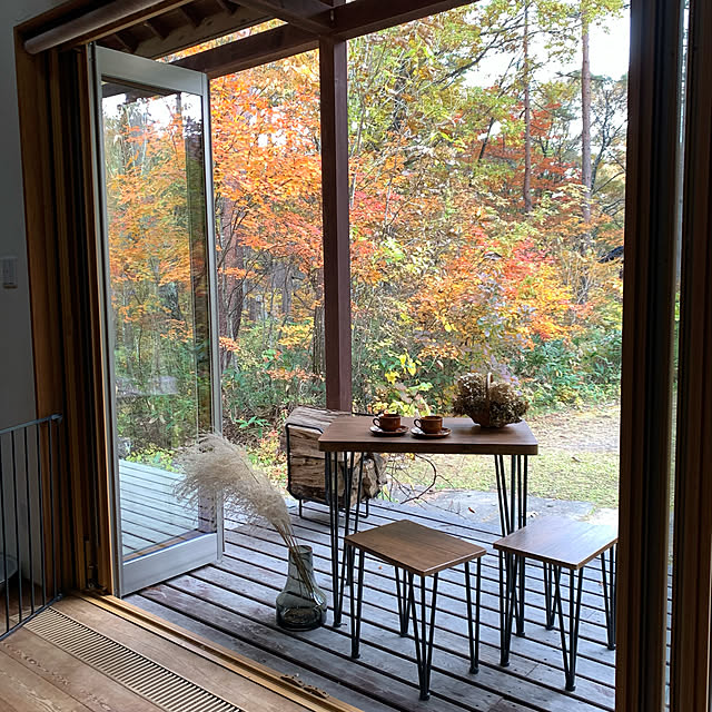 おうちカフェ,ススキドライ,ドライフラワー,お気に入りスペース,癒し,紅葉,玄関先,おうち時間を楽しむ,全開口サッシ,テラスのある暮らし,薪,リビングからの眺め,テラスにつながるリビング,Lounge,RoomClipショッピング,BOCH Kikko.の部屋