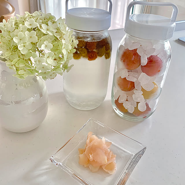 紫陽花,ニトリのお皿,セリアの保存瓶,家族に好評,ガリが好きな３歳児,新生姜の甘酢漬け,すももシロップ,梅シロップ,季節の手仕事,雨の日の楽しみ方,アナベル,Kitchen,ガラス角皿買いました♪ koko_hikaの部屋