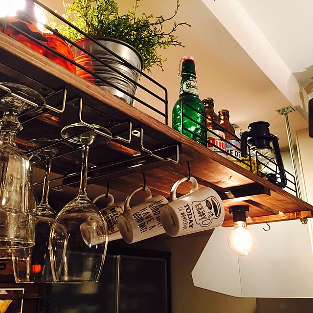 My Shelf,ビール瓶,フェイクグリーン,ワイングラスホルダー,セリアのマグカップ,吊り棚DIY,男前インテリア,いいね&フォローありがとうございます☆,RC大阪支部 ichiの部屋