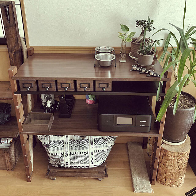 My Shelf,プリンター置き場,マザーズバッグ,かばん置き場,セリア,木箱リメイク,ダイソーのニス,ねこと暮らす。,観葉植物,猫ごはん台 mizu.の部屋