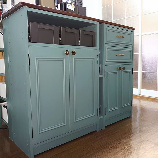 Kitchen,コレ、DIYしたよ！,ニトリ,セリア,賃貸,キッチンカウンター,キッチンカウンターDIY,ブルーグレー,アイランドカウンター,2LDK 二人暮らし,2LDK,キッチン収納,DIY,リメイク家具,カラーボックスリメイク,カラーボックス DIY,海外インテリアに憧れる,いいね&フォローありがとうございます☆ Rayne.の部屋