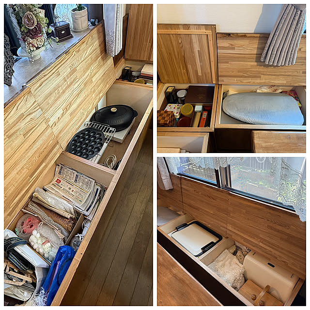 My Shelf,ダイニング,収納ベンチ,収納スペース,DIY,フェイクグリーン,一石二鳥,ダイニングテーブル,ディスプレイ,出窓,モザイクタイルボードDIY,ランチョンマット ニトリ,オーバルホットプレート yumirilの部屋