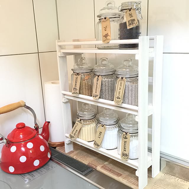 Kitchen,アクリル絵の具,白が好き♡,すのこDIY,調味料ラック,一人暮らし,1LDK,ナチュラル,100均,ハンドメイド,セリア,リメイク,アリス,自作ラベル Aliceの部屋