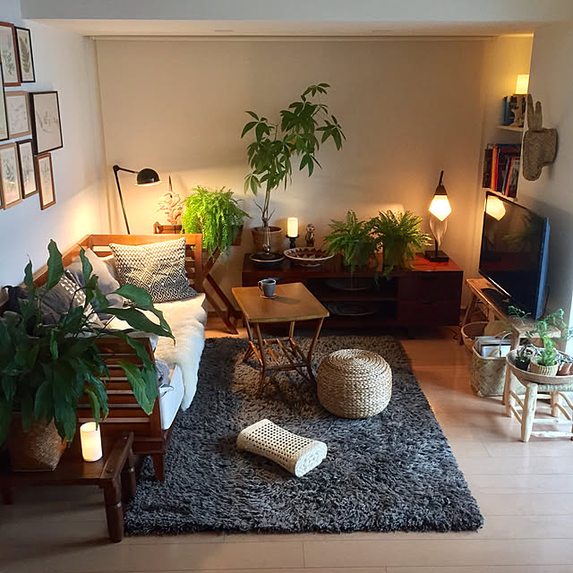 Lounge,モロッコスツール,アフリカンバスケット,クッション,ソファ,民芸,台湾,竹枕,ムートン,一人暮らし,LEDキャンドル,観葉植物,パキラ,シダ,フォークアート,プリミティブ,モロッコ,ブラウン会,コールマン,ルミエールランタン,パキスタンバスケット,アンティーク,ボタニカルアート,かご好き,セジュナン陶器,チュニジア,アンティークテーブル,間接照明,バリ,リゾート,ミックス＆リラックス shinの部屋