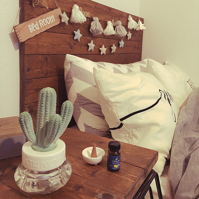 Bedroom,cactus,サボテン,ECO加湿器,加湿器,ベッドサイド,ニトリ,一人暮らし,8.5畳,シンプル,海を感じるインテリア,賃貸,白,グレーインテリア,ホワイトインテリア,自然気化式加湿器,電源不要 ERI07の部屋