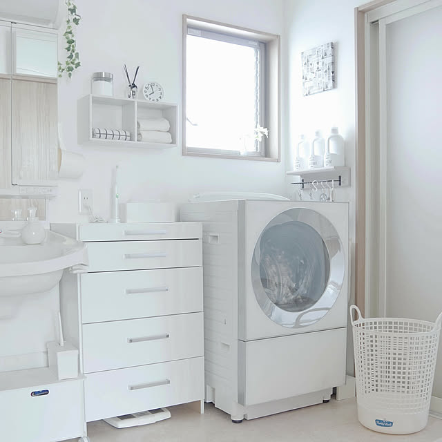 Bathroom,家電,キューブル,Panasonic,洗濯機,洗面所,ホワイトインテリア,ベルメゾンのチェスト Shooowkoの部屋