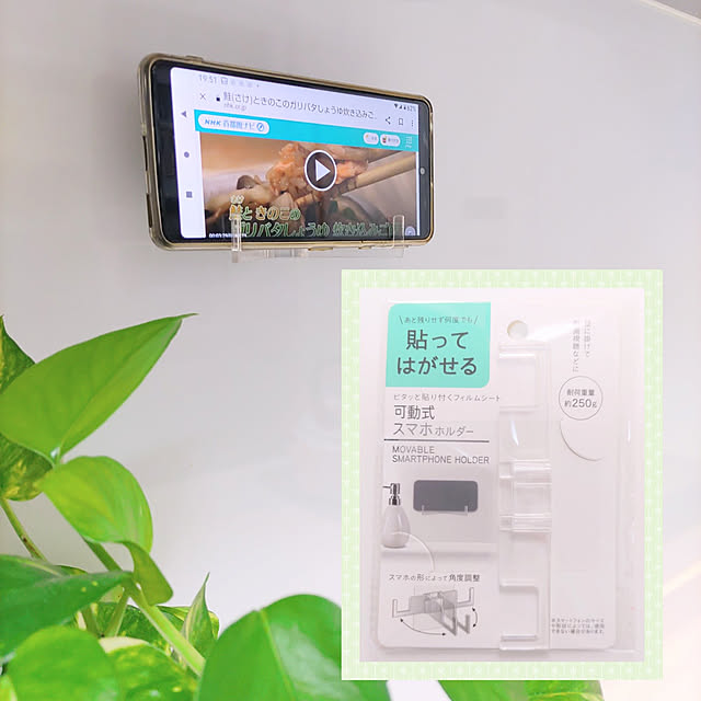 Kitchen,ポトス,観葉植物のある暮らし,スマホホルダー,貼ってはがせる,フィルムシート,キッチンパネル,セリア,百均,seria,可動式スマホホルダー,浮かせる,便利グッズ love1017の部屋