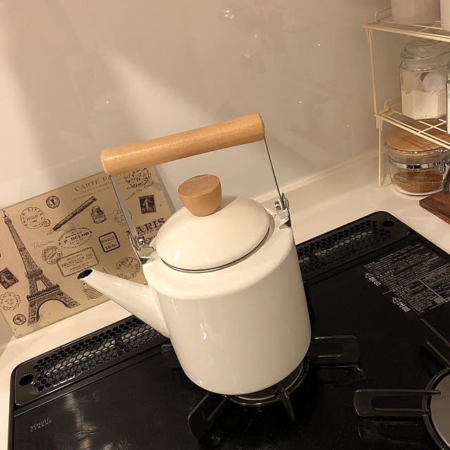 Kitchen,ホーローケトル,ホーロー,調理器具,やかん,ニトリ,コンロ周り,白いキッチン manaの部屋