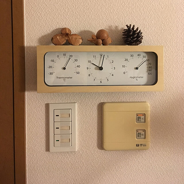 まつぼっくり,木のおもちゃ,何の実？,時計,温度計、湿度計,ニトリ,Lounge cottoncottonの部屋