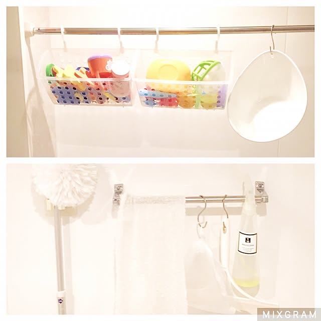 Bathroom,掃除道具,お風呂,吊るす収納,ラベリング,子供と暮らす。,おもちゃ収納,IKEA,100均,セリア,詰め替え,ホワイト化 mymaの部屋