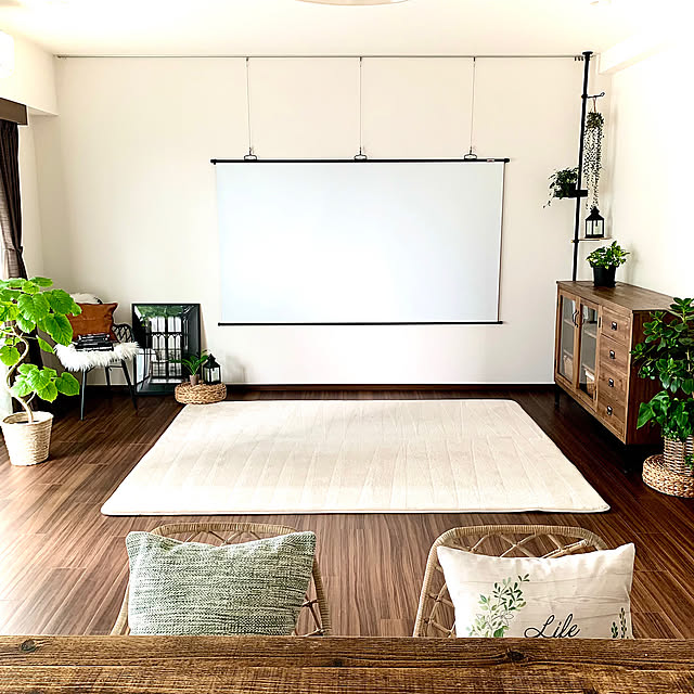 ニトリ,クッション,ウンベラータ,Coco Lapine Design,ラタンチェア,アジア工房,ドローアライン,DRAW A LINE,バベル,キャビネット,CRASH GATE,プロジェクターのある暮らし,スクリーン,お部屋を広く見せる工夫,Overview,平安伸銅工業 miinoの部屋