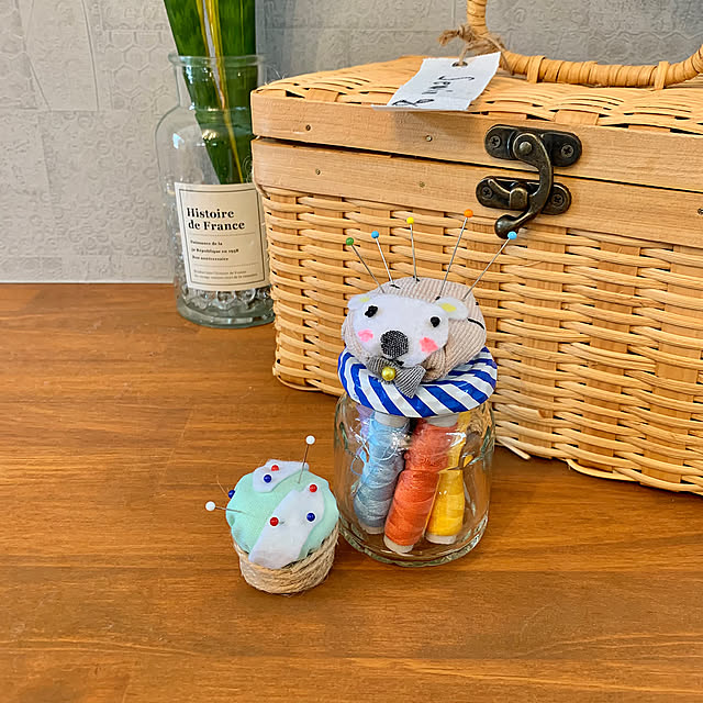 麻紐,ジャム瓶,ペットボトルキャップ,再利用,コーヒーかす,不用品ハンドメイド,針山,ピンクッション,マスクリメイク,リメイク,不用品,SDGs,My Desk,コーヒーのかす Minteaの部屋