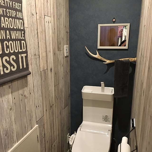 Bathroom,アラウーノ,タペストリー,トイレットペーパーホルダー,タオル掛け,ビンテージ,鹿の角,ウォールミラー,パナソニック,トイレ,サンゲツ,アクセントクロス,DIY,男前 gaku223の部屋