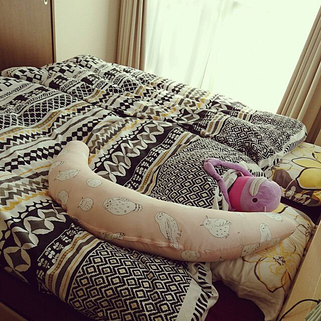 Bedroom,ニトリのベッドカバー,ニトリの枕カバー,抱き枕,ぬいぐるみ,ふくろう MIYAの部屋
