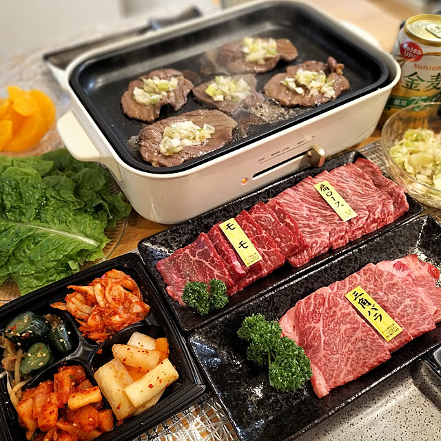 My Desk,キッチンアイテム,プチプラ食器,100均大好き,100均アイテム,BRUNOホットプレート,bruno ホットプレート,イベント参加中,RoomClipショッピング,あとでゆっくりお邪魔します♡,ルームクリップショッピング,連投失礼します,BRUNO,無印良品,焼き肉,誕生日ごはん,お返事時間かかります_(._.)_,高級肉,焼肉,入籍記念日,ダイソー,不知火,ネギ塩ダレ,タン塩,ヘビロテアイテム,おうち焼き肉,キムチ,黒毛和牛,コンパクトホットプレート,お家時間を楽しむ,家電,牛タン,ルームクリップマグ掲載♡,ホットプレート料理 hihaの部屋