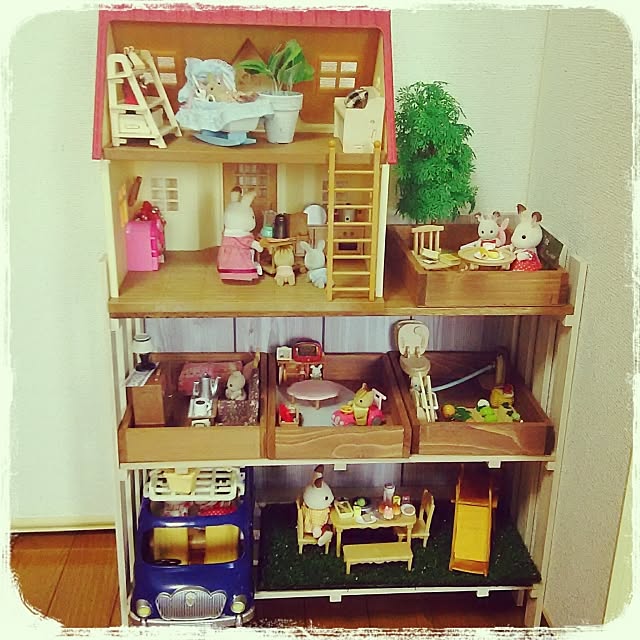 My Shelf,キッズスペース,こどものいる暮らし,おもちゃ部屋,すのこDIY,100均DIY,シルバニアファミリー,キッズスペースDIY HKの部屋