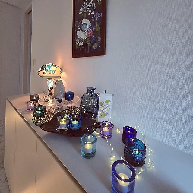 My Desk,間接照明,ミサワホーム,花瓶,kivi,kivi キャンドルホルダー,kiviコレクター,カステへルミ,玄関ディスプレイ,玄関,下駄箱の上,青,青系,紫陽花 mutyukingの部屋