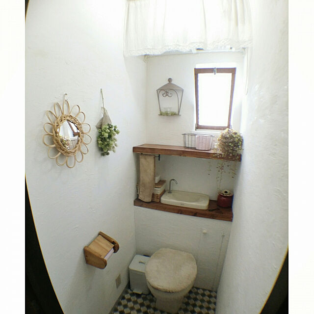 Bathroom,賃貸トイレ,タンクレスDIY,漆喰風壁DIY,syungikuさんのラタンミラー,100均の広角レンズ totonatuloveの部屋