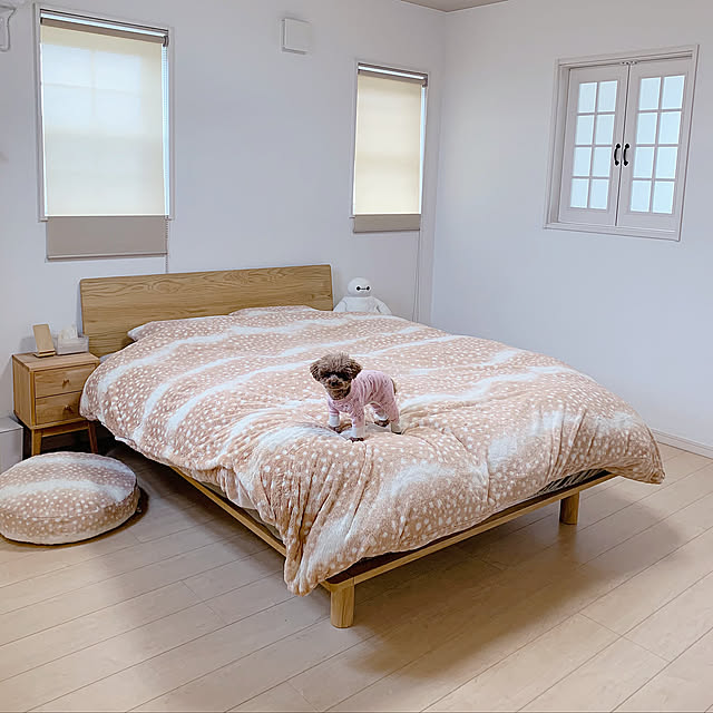 ベルメゾン,ダブルベッド,無印ベッド,ベッド,整理収納アドバイザー１級,木のぬくもり,ナチュラル,無印,北欧,シンプル,北欧インテリア,犬と暮らす,Bedroom hinatabokkoの部屋